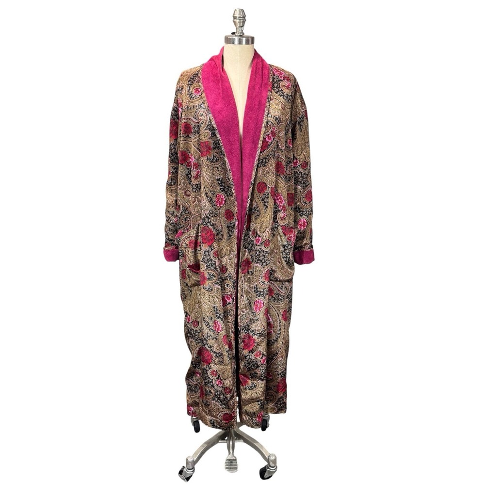 Victoria's Secret Robe Womens OS Burgundy Paisley Gold Label Terry Lined Vintage